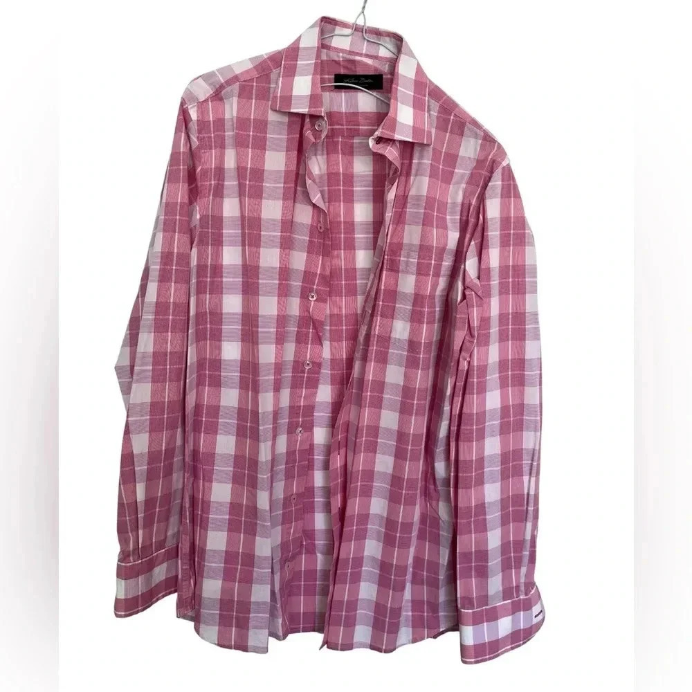 Klauss Boelher  Pink Plaid Men's Shirt size 15.5